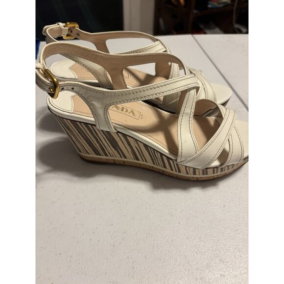 Prada Wedge Sandals 38 Beige Brown Wooden Leather Wedge Platform Slingback - Picture 3 of 12